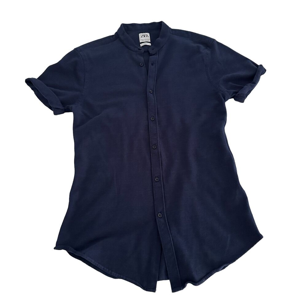 Zara Man Shirt Size Medium Slim Fit Henley Short Sleeve Button-Up Navy Cotton